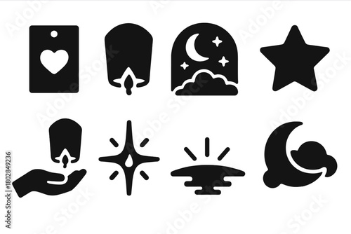 Lantern Night Dreams. Solid style icons of Lantern Wishes: Paper Note, Glowing Lantern, Night Sky, Star Symbol, Hand Releasing,