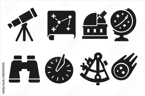 Astronomy Tools Collection. Solid style icons of Astronomy Tools: Telescope, Star Map, Observatory Dome, Celestial Globe,