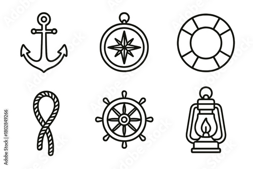 Nautical Line Icons. Line style icons of nautical elements: anchor, compass, lifebuoy, wheel, rope, lantern. No text, No labels,