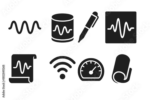 Vibration Analysis Icons. Solid style icons of Vibration Analysis: Wave, Drum, Pen, Graph, Line, Paper Roll, Signal, Meter, No