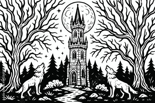 Moonlit Gothic Tower. Moonlit gothic tower rising from a forest, surrounded by twisted trees and wolves howling, black and white