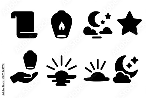 Lantern Night Dreams. Solid style icons of Lantern Wishes: Paper Note, Glowing Lantern, Night Sky, Star Symbol, Hand Releasing,