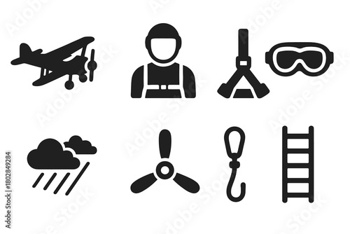 Stunt Flying Icons. Solid style icons of Stunt Flying: Plane, Pilot, Harness, Goggles, Sky, Propeller, Safety Rope, Ladder, No