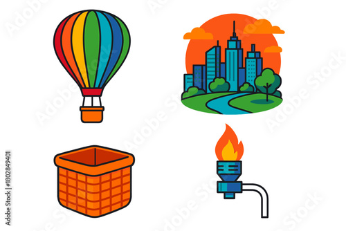 Colorful Balloon Adventure. Isometric vector illustration set Balloon Over City: hot air balloon dome, woven basket, burner pipe,