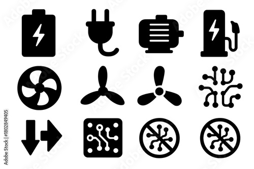Electric Propulsion Icons. Solid style icons of electric propulsion: battery, plug, motor, fan, propeller, charging station,