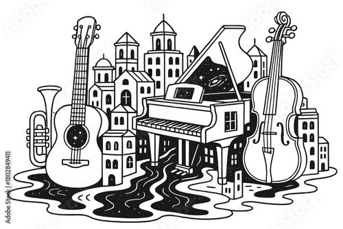 Instrumental Cityscape Surrealism. Surreal city made of giant instruments, rivers of ink flowing, and windows opening into