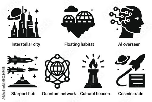 Futuristic Civilization Icons. Solid style icons of Future Civilizations: interstellar city, floating habitat, orbital fleet, AI