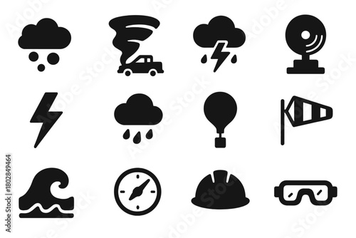 Natural Disaster Icons. Solid style icons of Natural Disasters: Hailstone, Twister, Storm Chaser Truck, Doppler Radar, Lightning