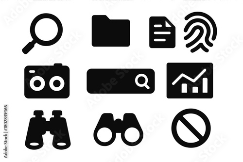 Investigation Icon Set. Solid style icons of investigation: magnifying glass, folder, document, fingerprint, tape recorder, search