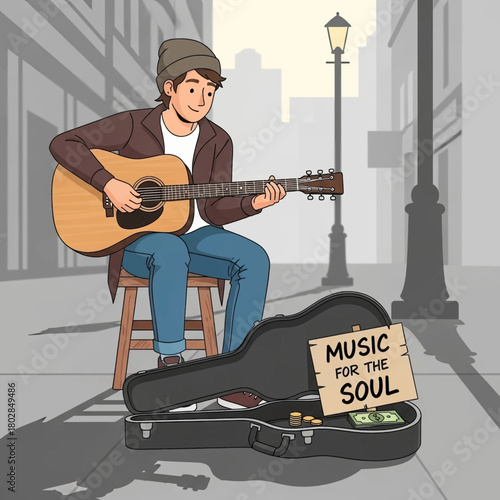 A young street musician or busker plays an acoustic guitar for money on a city sidewalk.