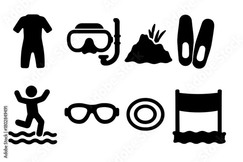 Wetland Challenge Icons. Solid style icons of Extreme Wetland Challenges: Wet Suit, Mask, Peat Bog, Fins, Quirky Race, Goggles,