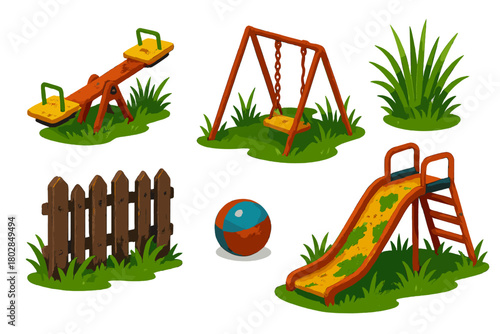 Forgotten Playground Icons. Isometric vector illustration set Forgotten Playground: Rusty Seesaw, Fallen Swing, Overgrown Grass,