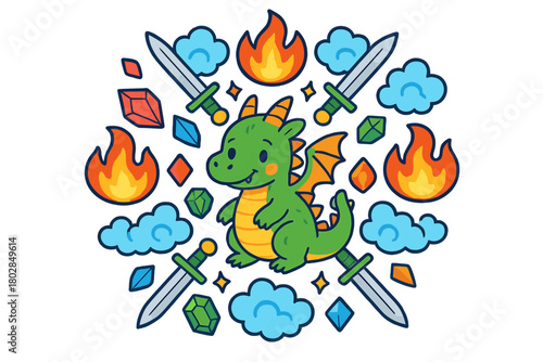 Fiery Dragon Mandala. Dragon in the middle with flames, clouds, swords, and jewels radiating outward in symmetrical fantasy