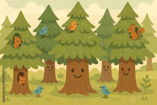 Smiling Pine Tree Grove. Friendly pine tree grove with smiling faces on trunks, little birds and squirrels peeking out