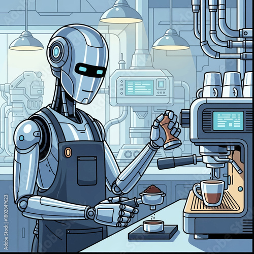 A detailed illustration of a robot barista expertly preparing coffee with an espresso machine in a modern cafe setting.