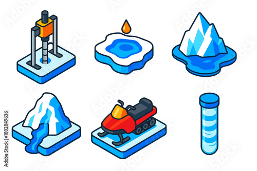 Cryosphere Exploration Icons. Isometric vector illustration set Cryospheric Study: Core Drill, Meltwater, Iceberg, Melting Glacier