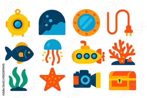 Deep Sea Icons. Flat vector icons of Deep Sea Exploration: bathysphere, deep sea, porthole, cable, unknown fish, bioluminescent