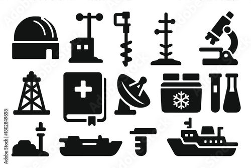 Polar Research Icons. Solid style icons of polar research: observatory dome, weather station, ice drill, snow gauge, microscope,