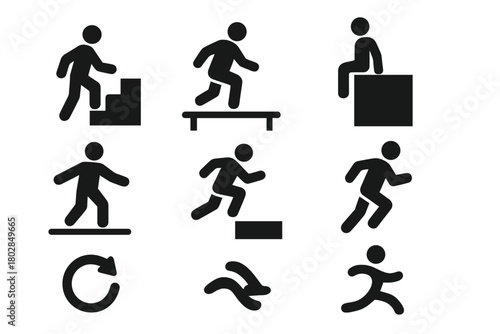 Urban Movement Icons. Solid style icons of Urban Movement: Staircase, Rail, Wall, Ledge, Balance, Jump, Run, Flow Symbol, No text,