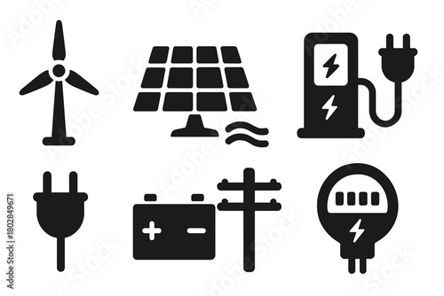 Renewable Energy Icons. Solid style icons of renewable energy systems: windmill, solar panel, hydro turbine, charging station,