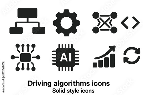 Driving Algorithms Icons. Solid style icons of driving algorithms: flowchart, gear, neural network, code brackets, circuit board,