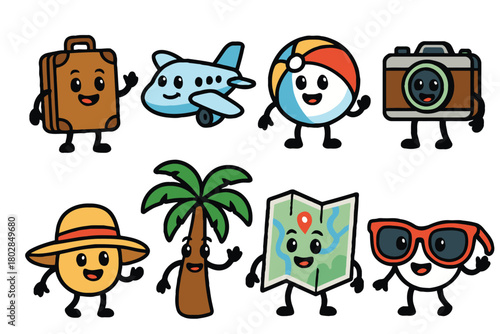 A collection of cute, anthropomorphic travel items and vacation symbols, all with smiling faces and waving arms, ready for an adventure.