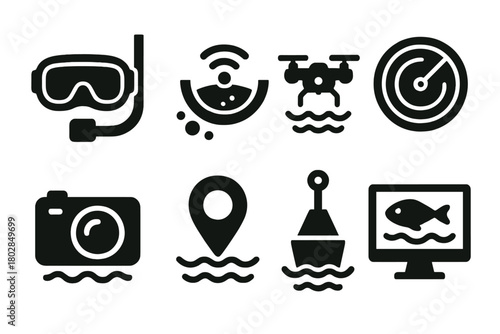 Underwater Monitoring Icons. Solid style icons of underwater monitoring: scuba mask, sonar, drone, radar, camera, GPS pin, buoy,