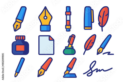 Writing Instruments Icons. Flat vector icons of Writing Instruments: fountain pen, nib, ink converter, cap, ink bottle, paper,