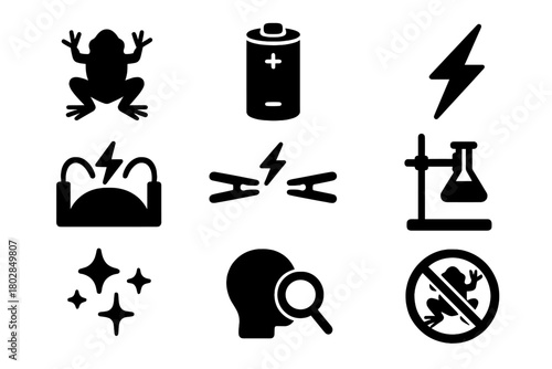 Retro Lab Experiment Icons. Solid style icons of Retro Laboratory Experiments: Frog Legs, Battery, Twitch, Galvanism, Electrodes,
