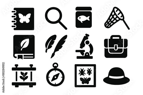 Science Exploration Icons. Solid style icons of Scientific Exploration: Sketchbook, Magnifying Glass, Specimen Jar, Butterfly Net,