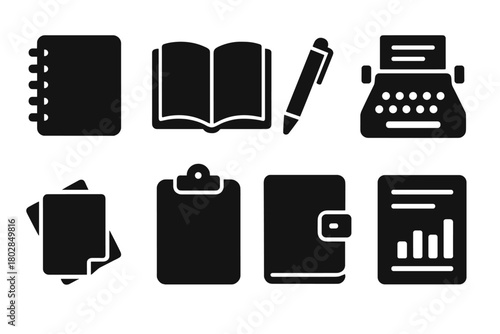 Journalism Tools Icons. Solid style icons of journalism notebooks: spiral notebook, open book, pen, typewriter, paper stack,