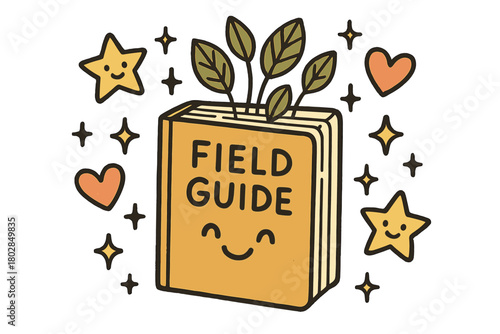 Whimsical Field Guide. Charming doodle vector composition of a smiling field guide book with doodle leaves popping out, surrounded