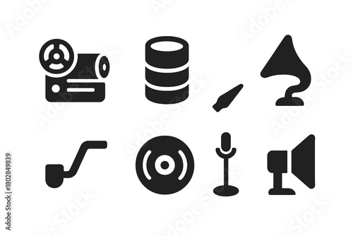 Vintage Office Icons. Solid style icons of Vintage Office Equipment: Dictaphone, Wax Cylinder, Stylus, Mouthpiece, Crank,