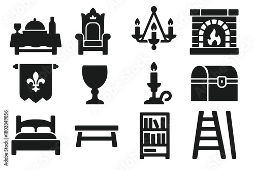 Castle Interior Icons. Solid style icons of castle interiors: banquet table, throne, chandelier, fireplace, tapestry, goblet,