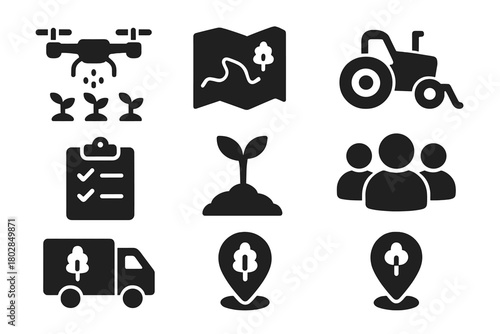 Afforestation Project Icons. Solid style icons of afforestation projects: drone, map, tractor, clipboard checklist, sapling, team