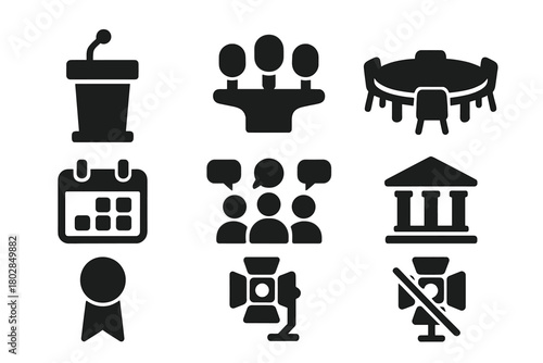 Summit Meeting Icons. Solid style icons of summit meetings: podium, microphones, round table, calendar, discussion group, building