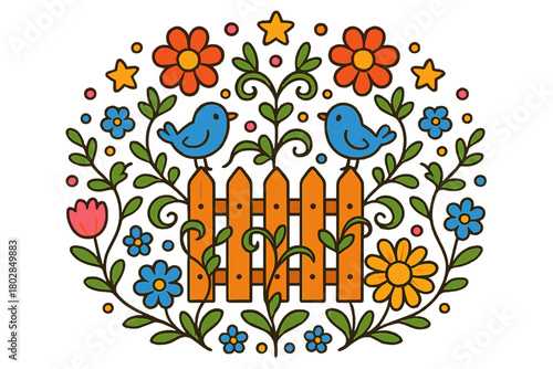 Garden Mandala Illustration. Fence in the middle with vines, birds, flowers, and stars arranged in garden mandala style, bright