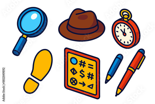 Mystery Solving Tools. Isometric vector illustration set Mystery Solving: magnifying glass, brown fedora, light footprint, coded