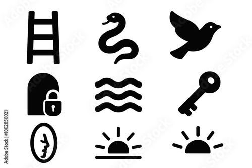 Symbolic Dream Icons. Solid style icons of Symbolic Dreams: Ladder, Snake, Flying Bird, Locked Door, Water Waves, Open Key, Mirror
