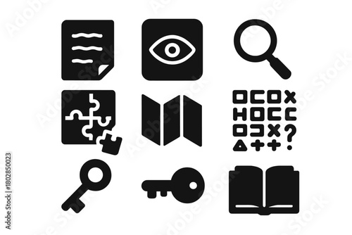 Mystery Clue Icons. Solid style icons of Mystery Clues: Handwritten Note, Hidden Symbol, Magnifying Glass, Puzzle Box, Folded Map,