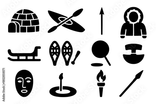 Inuit Culture Icons. Solid style icons of Inuit culture: igloo, kayak, harpoon, fur parka, sled, snowshoes, drum, ulu knife, mask,