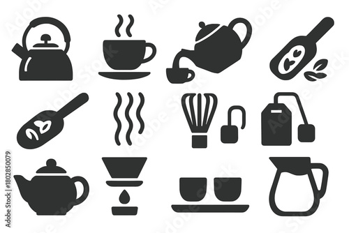 Tea Preparation Icons. Solid style icons of tea preparation: boiling kettle, steaming cup, pouring teapot, filled scoop, strainer