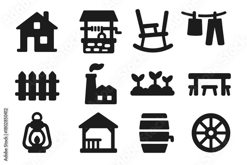 Rural Life Icons. Solid style icons of rural life: farmhouse, well, rocking chair, clothesline, wooden fence, chimney, garden