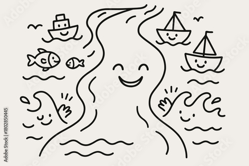 Joyful River Scene. A doodle of a happy river lending its water to smiling boats and fish, with cheerful waves clapping as they