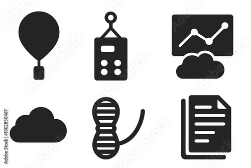 High-Altitude Study Icons. Solid style icons of High-Altitude Study: Balloon, Payload, Theodolite, Forecast Chart, Cloud, String,
