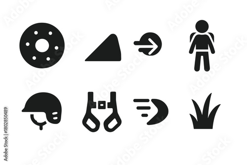 Gravity Adventure Icons. Solid style icons of Gravity-Powered Recreation: Zorbing Ball, Hill, Momentum, Adventure, Helmet, Harness