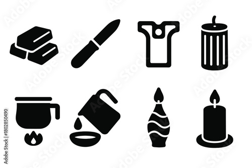 Wax Crafting Tools. Solid style icons of Wax Crafting: Colored Wax, Carving Knife, Wick Holder, Candle Mold, Heated Pot, Liquid