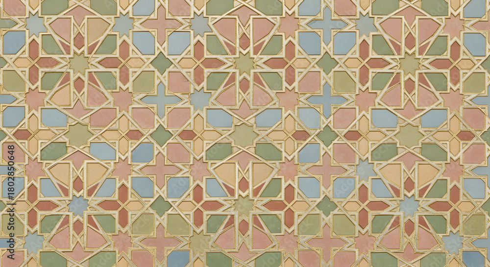 Fototapeta premium An intricate geometric pattern of interlocking stars and polygons in pastel colors.