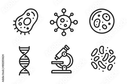 Microbiology Line Icons. Line style icons of microbiology basics: cell, virus, petri dish, DNA strand, microscope, bacterial