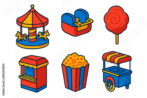 Carnival Treats Icons. Isometric vector illustration set Carnival Treats: mini carousel, ferris wheel seats, cotton candy swirl,